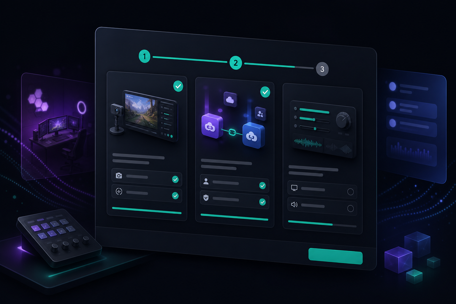 Abstrakte Illustration: übersichtlicher Einrichtungs-Assistent für Streaming-Tools in dunklem UI mit türkisen Akzenten